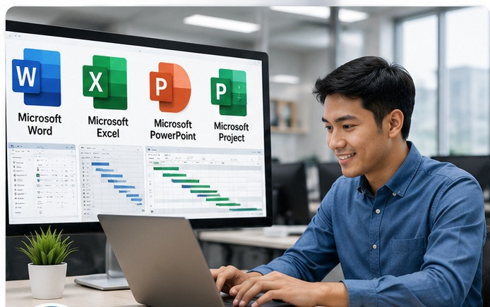 Peserta belajar Microsoft Word, Excel, PowerPoint, dan Project di depan komputer